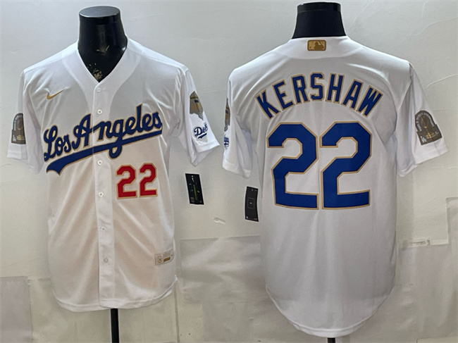 Men's White Los Angeles Dodgers #22 Clayton Kershaw 2026 Gold Collection 9x & B2B Champs Patch Stitched Baseball Jersey
